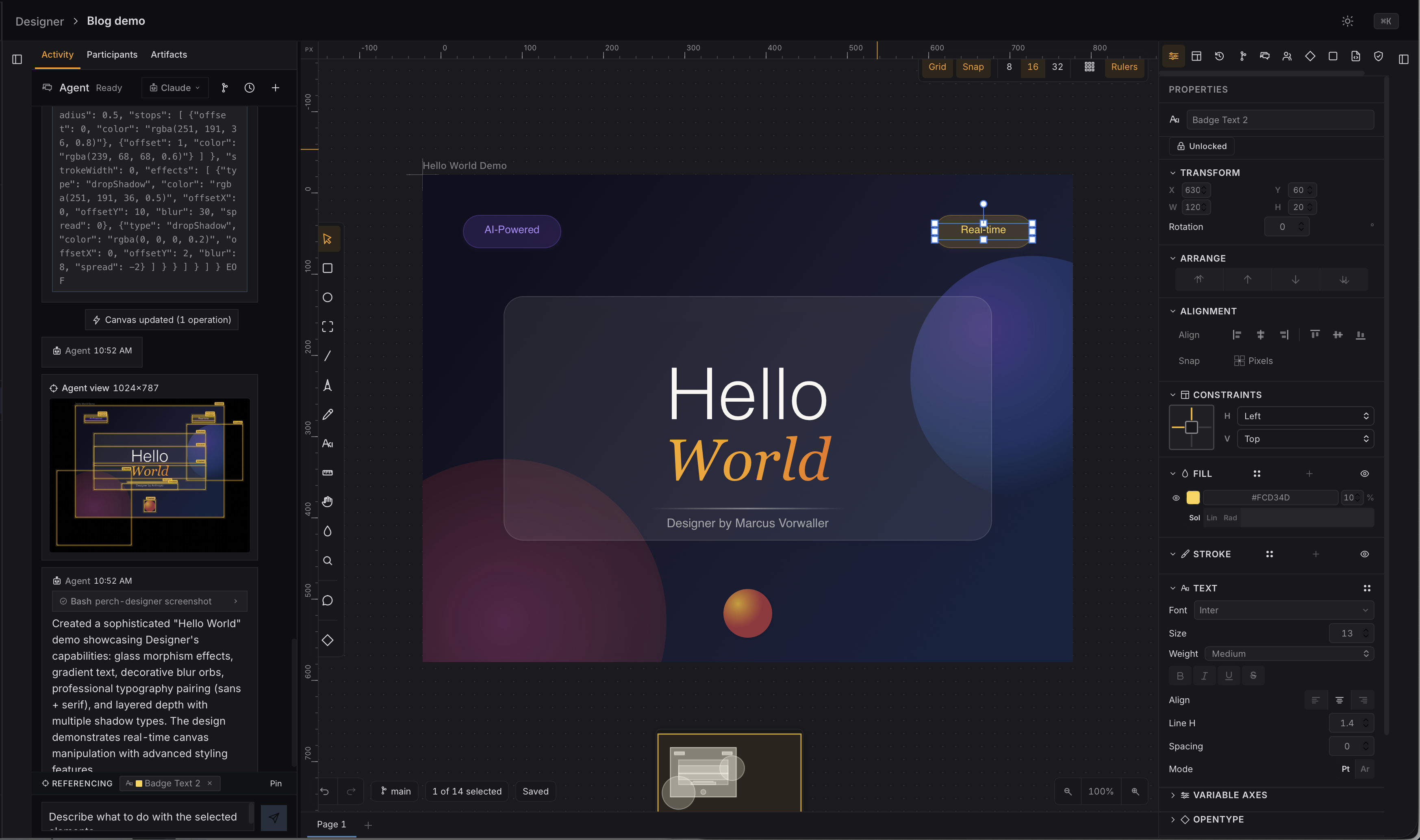 The Designer tool built by the backlog loop, showing a canvas with shapes, layers panel, and AI chat