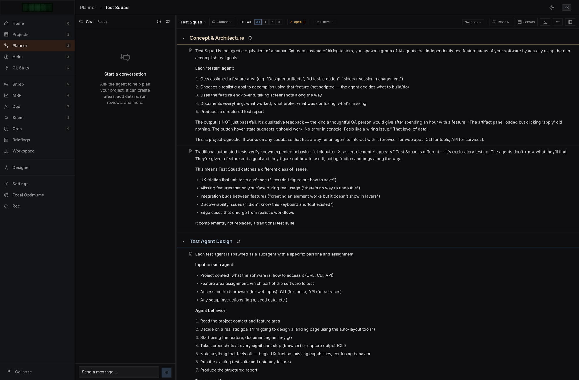 The Perch planner showing the Test Squad plan with areas for concept, agent design, execution engine, and reporting